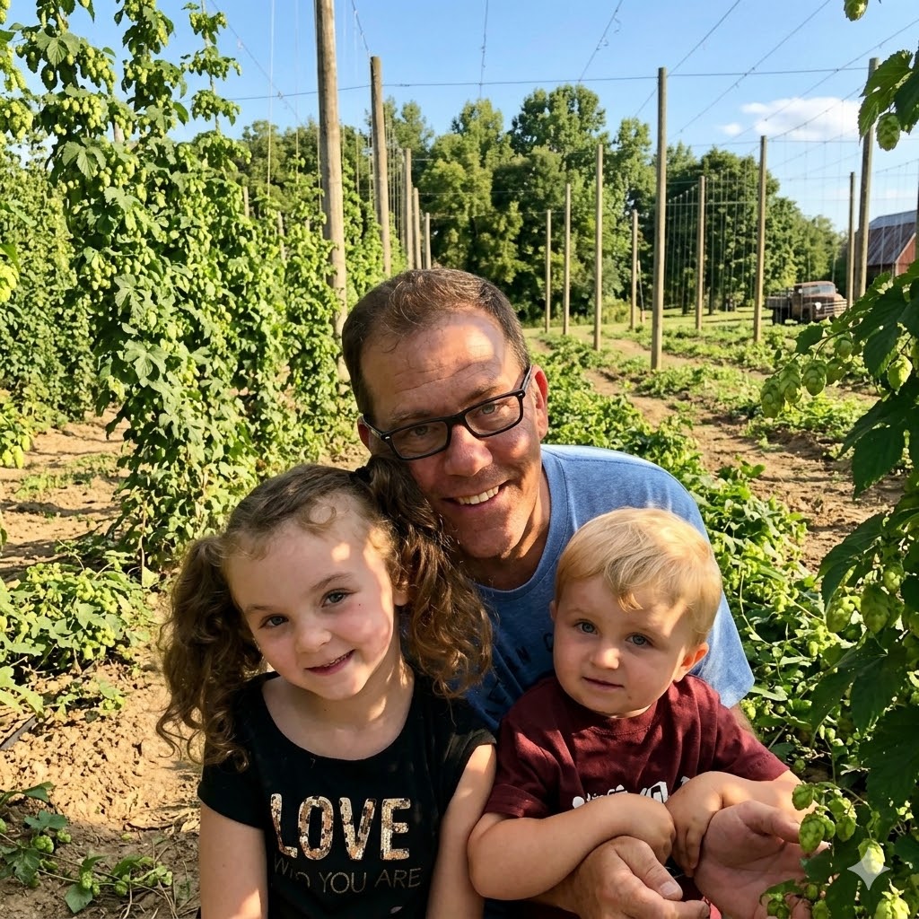 Mike Smith with his grandkids in the hops field at Havarest Farm