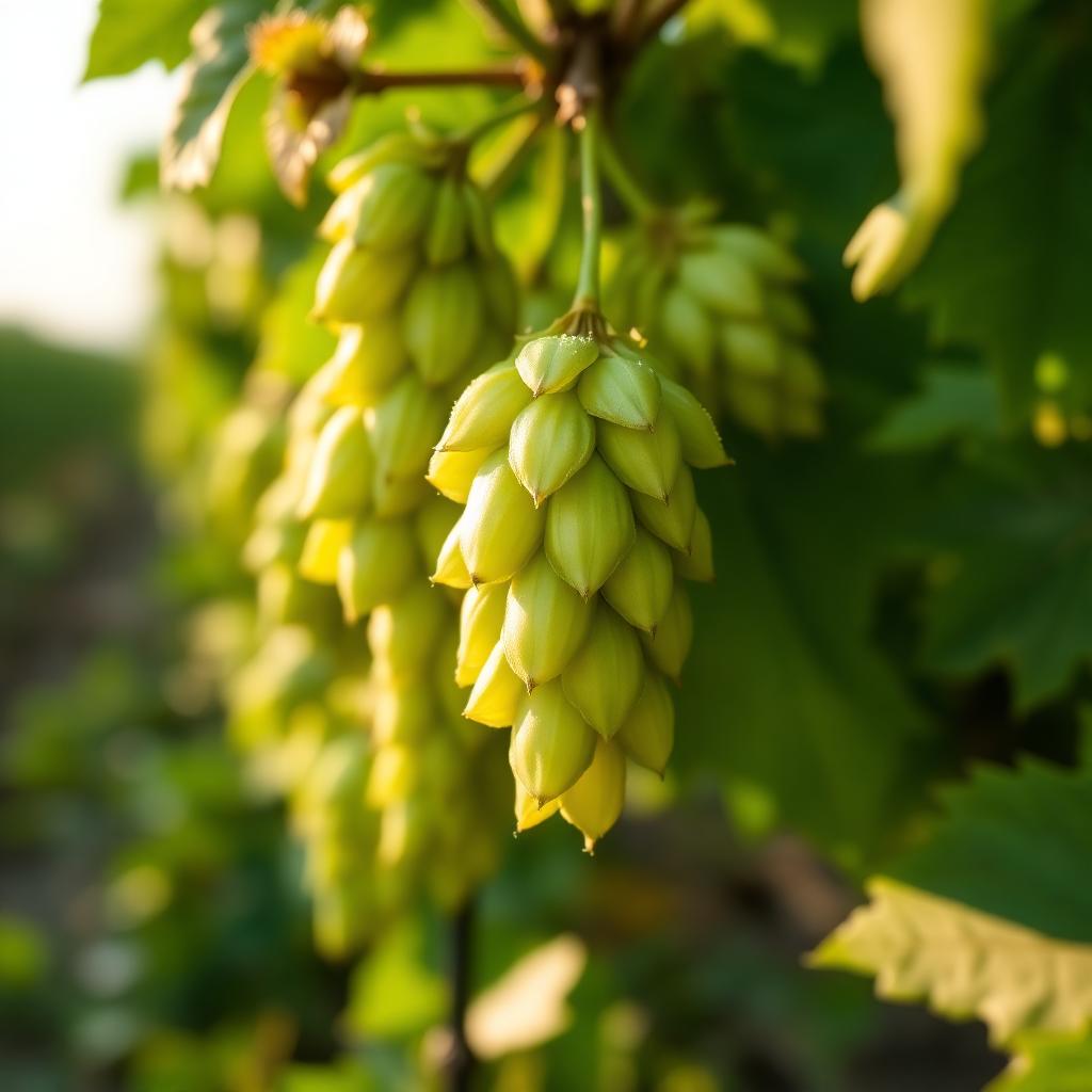 Close-up of fresh green hop cones on the vine
